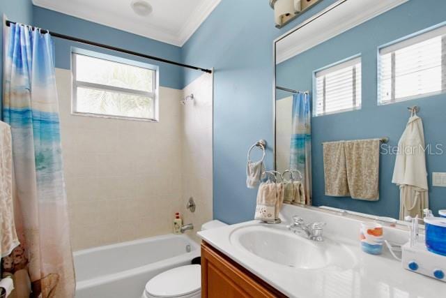 full bathroom with vanity, toilet, crown molding, and shower / tub combo with curtain