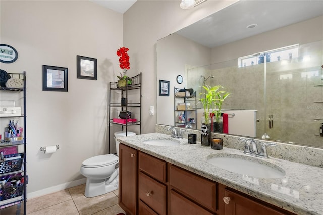 bathroom featuring tile patterned flooring, vanity, toilet, and an enclosed shower