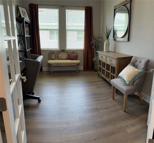 sitting room with light hardwood / wood-style flooring