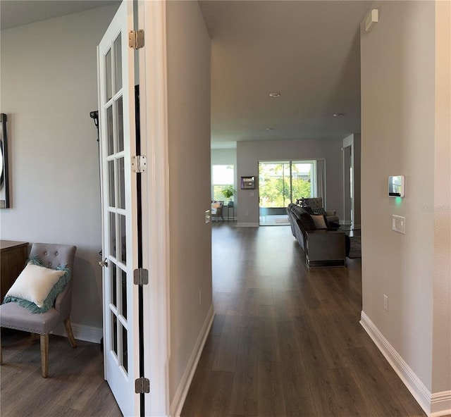 corridor featuring french doors and dark wood-type flooring