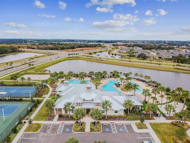 drone / aerial view with a water view