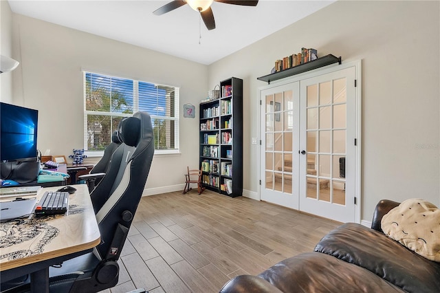 office area featuring french doors and ceiling fan