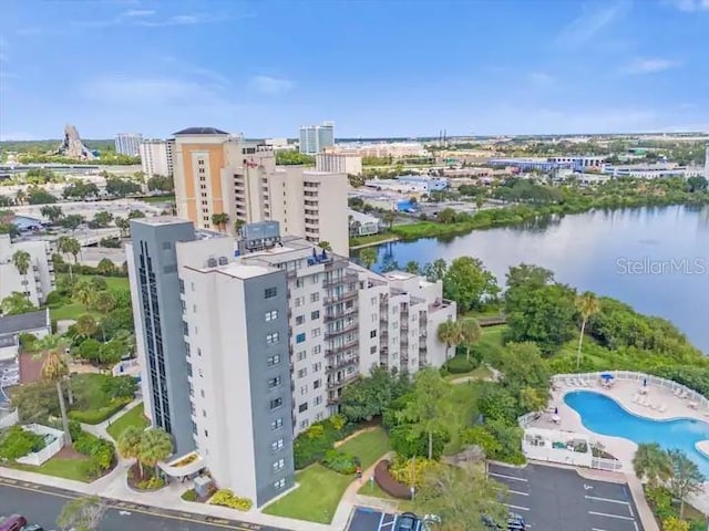 bird's eye view with a water view