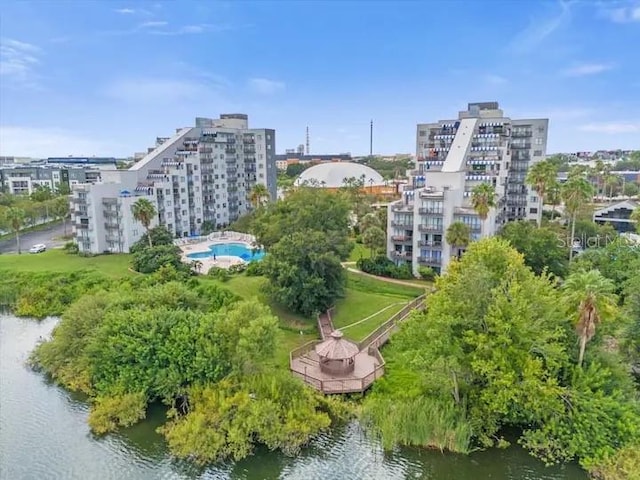 drone / aerial view featuring a water view