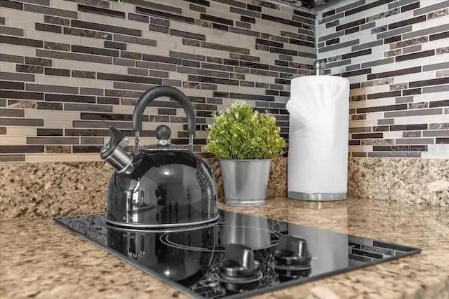 room details featuring backsplash and stone countertops