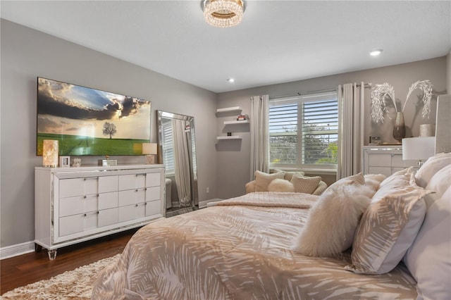 bedroom with dark wood-type flooring, recessed lighting, and baseboards