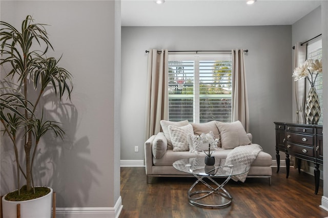 living area featuring baseboards, wood finished floors, and recessed lighting