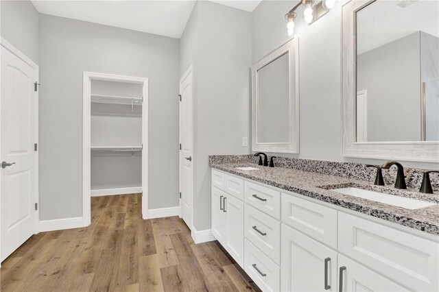 bathroom featuring hardwood / wood-style floors and double vanity