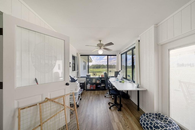 home office with ceiling fan, a wealth of natural light, and wood-type flooring