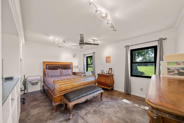 bedroom with ceiling fan and crown molding