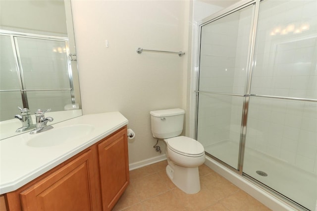 bathroom with vanity, toilet, walk in shower, and tile patterned floors