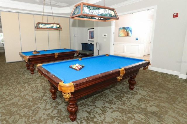 rec room featuring billiards, carpet, and ornamental molding