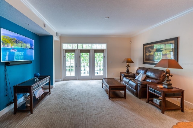 carpeted living room featuring ornamental molding and a textured ceiling