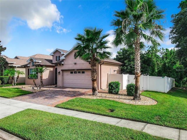 view of front of house with a front yard and a garage