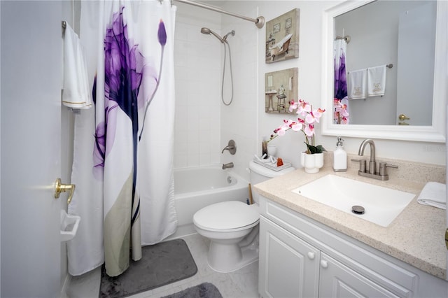 full bathroom with vanity, tile patterned floors, shower / bathtub combination with curtain, and toilet