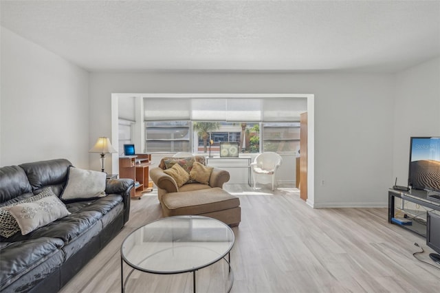 living room featuring a textured ceiling and light wood-type flooring