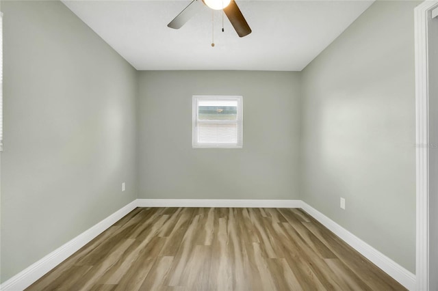 unfurnished room with ceiling fan and light hardwood / wood-style flooring