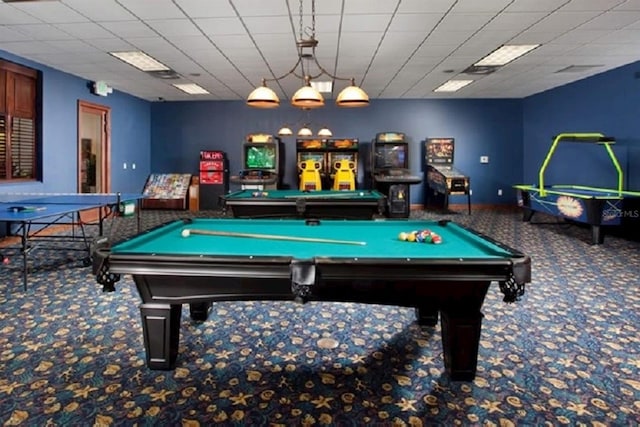 recreation room with carpet floors and pool table