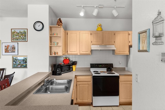 kitchen with light tile patterned floors, white electric range, tasteful backsplash, sink, and light brown cabinets