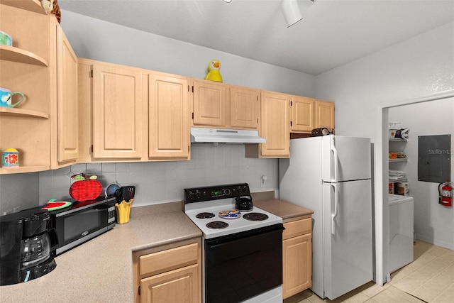 kitchen with washer / dryer, white appliances, backsplash, and light brown cabinetry