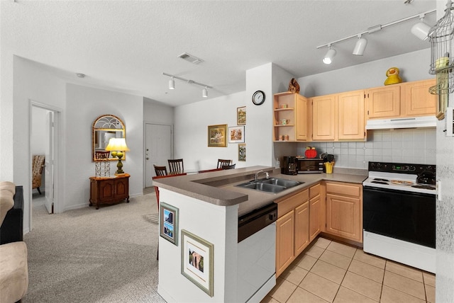 kitchen with white appliances, light colored carpet, kitchen peninsula, and sink