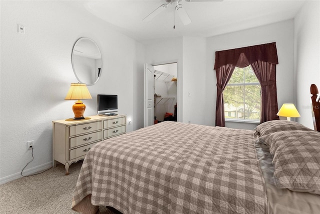 carpeted bedroom with a walk in closet, ceiling fan, and a closet