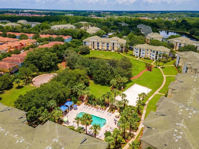 bird's eye view with a water view