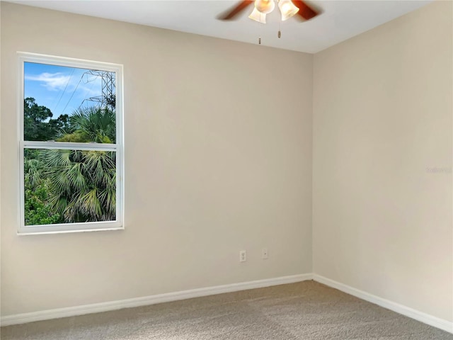 unfurnished room featuring ceiling fan, carpet floors, and a wealth of natural light