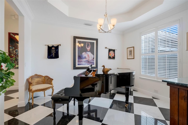 office with a notable chandelier, ornamental molding, tile patterned flooring, and a raised ceiling