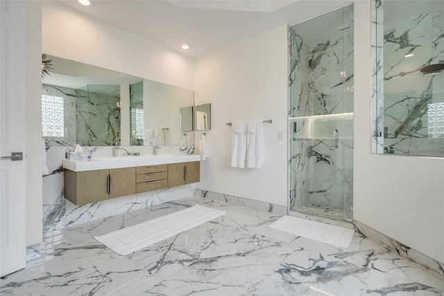 bathroom featuring vanity, shower with separate bathtub, and tile patterned floors