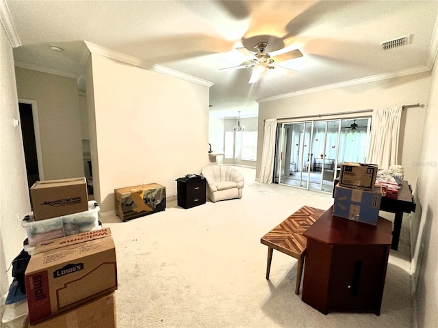 681 Coronado Dr, Kissimmee, FL 34759 - carpeted living room with crown molding, visible vents, and a ceiling fan