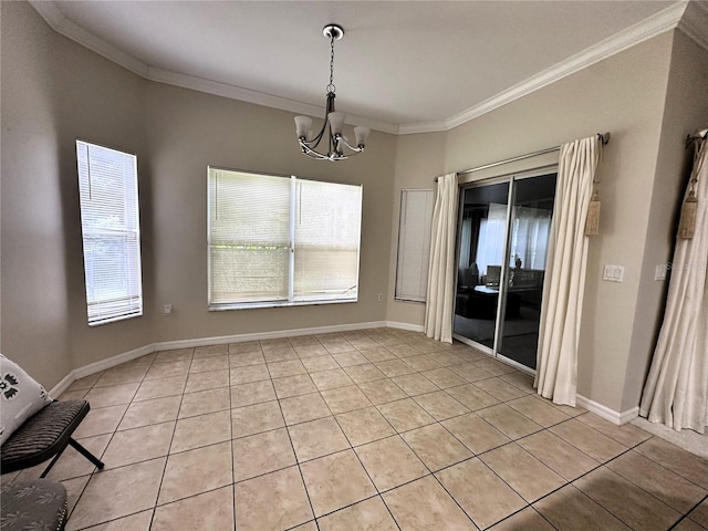 681 Coronado Dr, Kissimmee, FL 34759 - unfurnished dining area featuring an inviting chandelier, light tile patterned flooring, ornamental molding, and baseboards