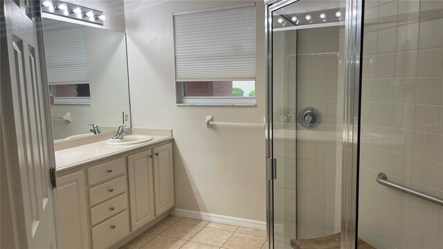 681 Coronado Dr, Kissimmee, FL 34759 - bathroom with vanity, a stall shower, and tile patterned flooring