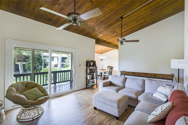 living room featuring ceiling fan with notable chandelier, light hardwood / wood-style floors, vaulted ceiling, and wooden ceiling