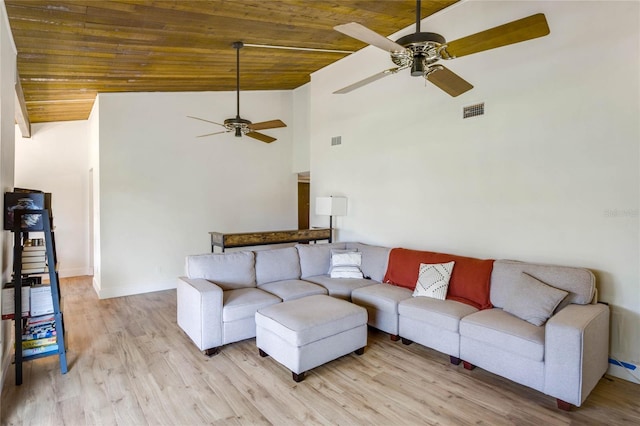 living room featuring light hardwood / wood-style floors, high vaulted ceiling, ceiling fan, and wood ceiling