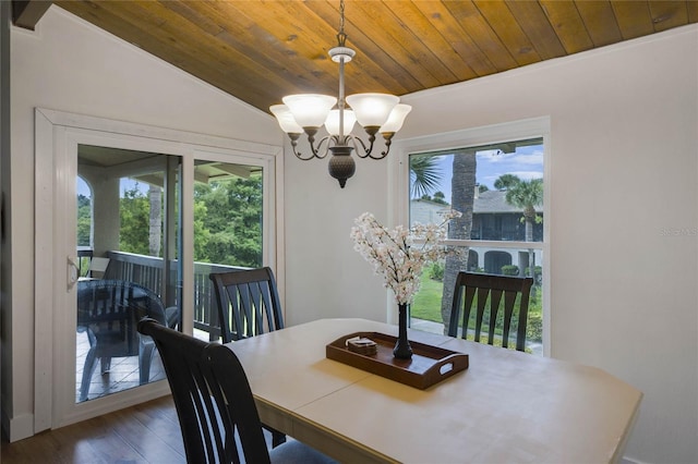 dining area with plenty of natural light, dark hardwood / wood-style flooring, wood ceiling, and vaulted ceiling