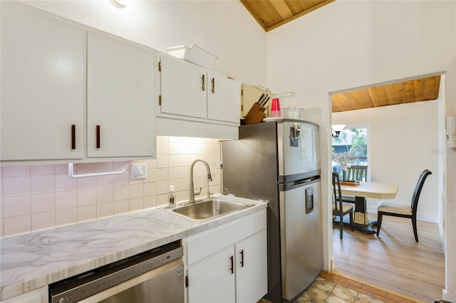 kitchen with white cabinets, lofted ceiling, wooden ceiling, and stainless steel appliances