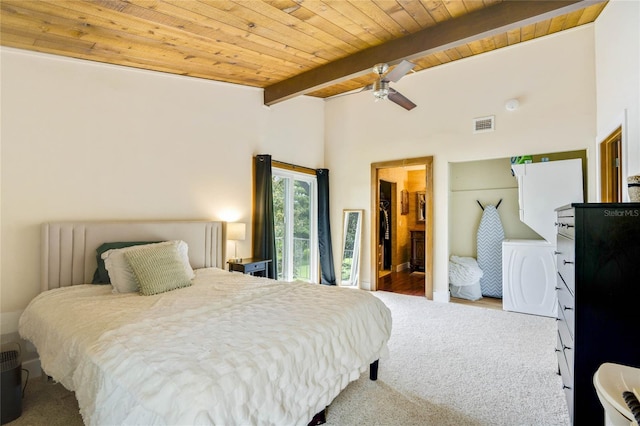 bedroom featuring carpet, ceiling fan, beam ceiling, and wood ceiling