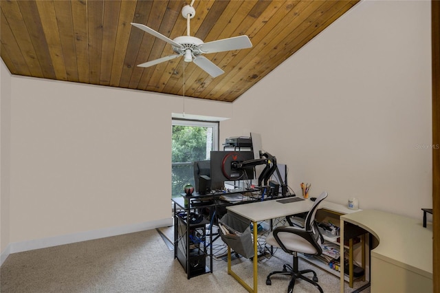 office featuring ceiling fan, wooden ceiling, and vaulted ceiling