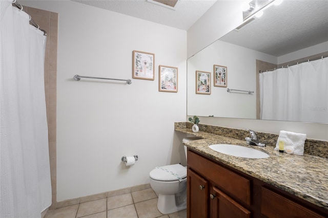 bathroom featuring toilet, a textured ceiling, tile patterned flooring, a shower with shower curtain, and vanity