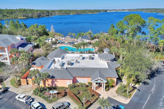 birds eye view of property featuring a water view