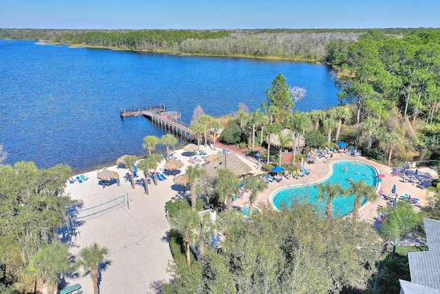 birds eye view of property featuring a water view