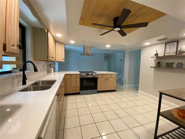 kitchen featuring wall chimney range hood, electric range oven, sink, light brown cabinetry, and wooden ceiling