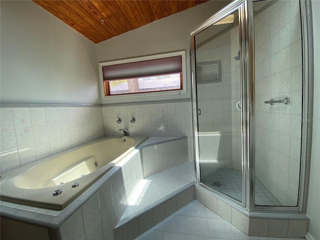 bathroom with wooden ceiling, tile patterned flooring, separate shower and tub, and vaulted ceiling