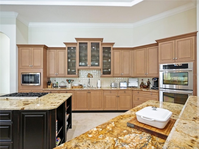 kitchen featuring backsplash, stainless steel appliances, light stone counters, and sink