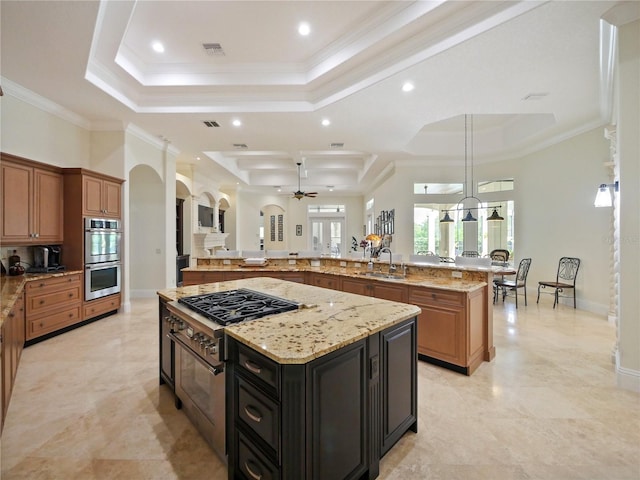 kitchen with appliances with stainless steel finishes, ornamental molding, ceiling fan, a spacious island, and sink