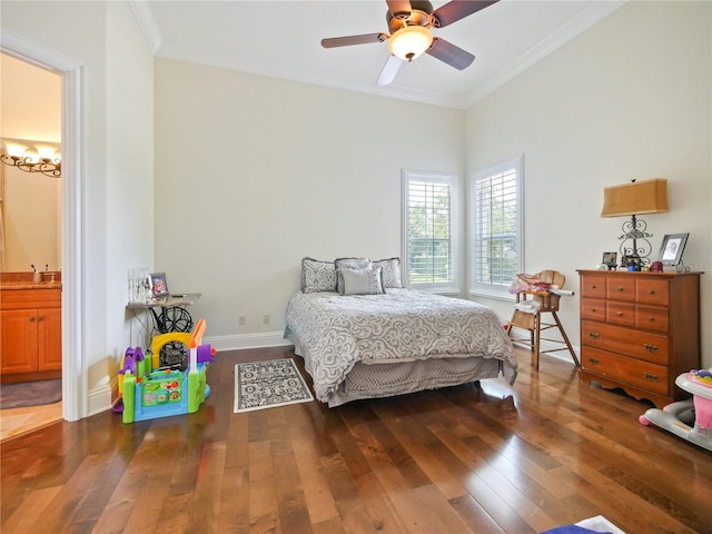 bedroom with ensuite bathroom, ceiling fan, ornamental molding, and dark hardwood / wood-style floors