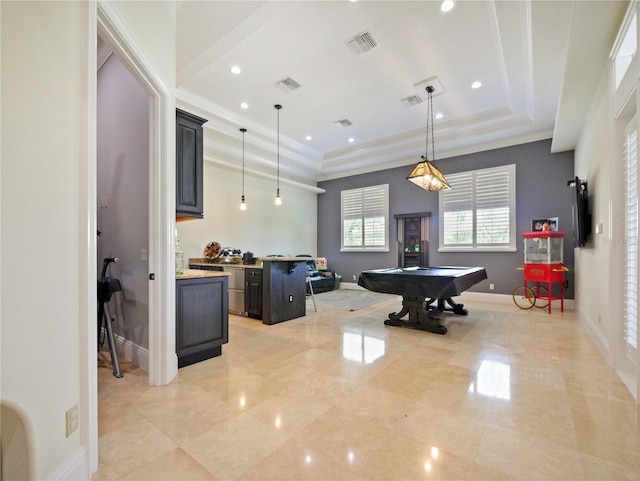 rec room featuring crown molding, pool table, and a tray ceiling