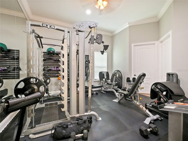 workout area featuring ceiling fan and ornamental molding