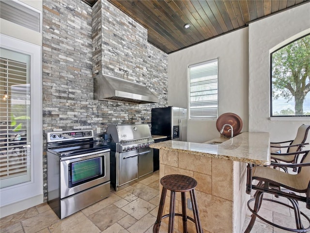 kitchen with a kitchen bar, appliances with stainless steel finishes, kitchen peninsula, wood ceiling, and wall chimney range hood